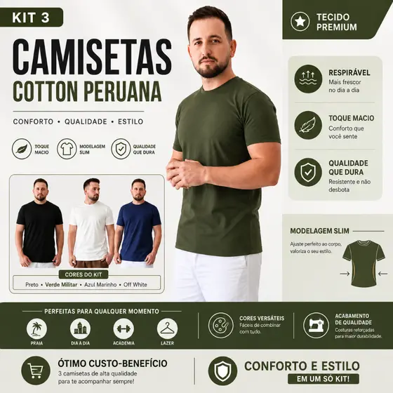 Kit 3 Camiseta Cotton Peruana Masculina Lisa Slim Manga Curta  Algodão Elastano Casual