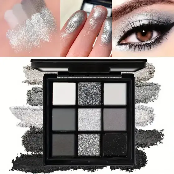 Paleta De Sombras De Olhos De 9 Cores , Preto Escuro , Cinza , Prateado , Acabamento Fosco Brilhante , Estilo Esfumaçado