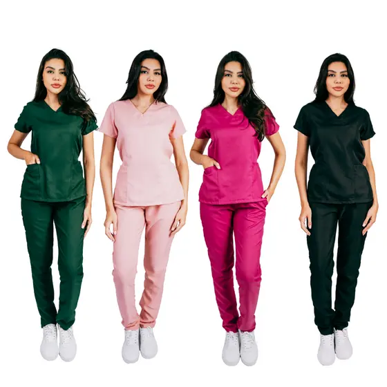 Conjunto de Pijama Cirúrgico Scrub Oxford Acinturado Com Bordado