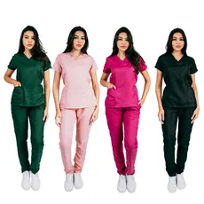 Conjunto de Pijama Cirúrgico Scrub Oxford Acinturado Com Bordado