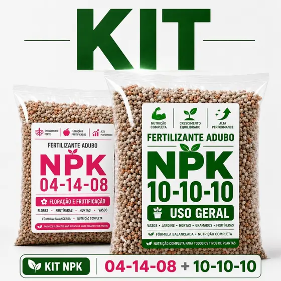 Kit Adubo Fertilizante NPK 04 14 08 + 10 10 10 Completo Rosa Do Deserto Frutas Hortaliça Vasos Terra