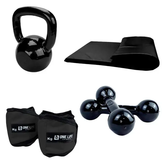 Kit Colchonete One Life Sports Halter 1kg Kettlebell 4kg Academia em Casa Treino Funcional