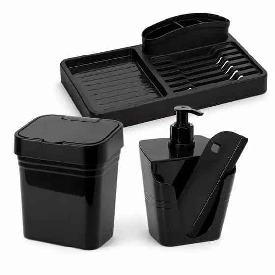 Kit Pia Cozinha 4 Peças Completo Organizador Pia Lixeira +Escorredor Louça + Porta Detergente +Rodo