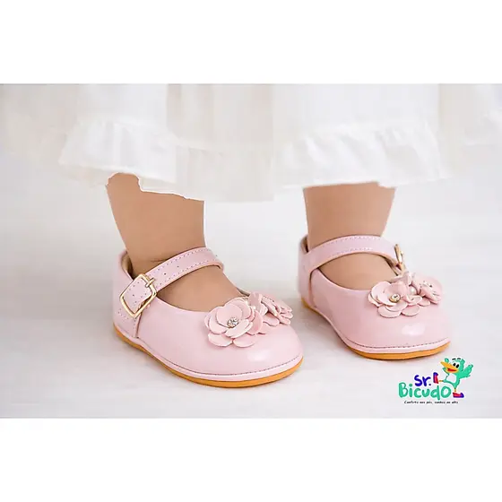 Sapatilha Infantil Feminino Flores Perolas Sola Antiderapante