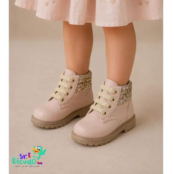 Bota coturno com cadarço feminino infantil para o inverno com glitter