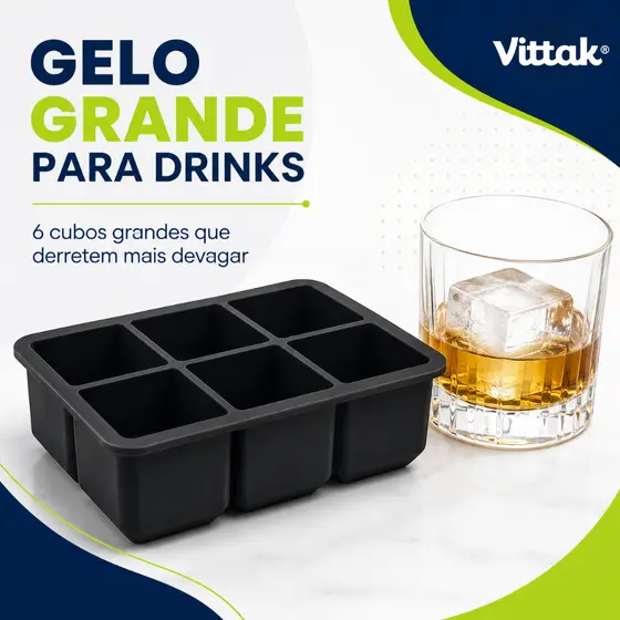 Vittak Forma de Gelo Silicone 6 Cubo Grande Drink Whisky Forminha Flexível