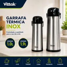 Vittak Garrafa Térmica Café 1L e 1,9L Inox De Pressão Apertar Hotel Pousada Bebidas Quentes Frias Chá Leite Suco