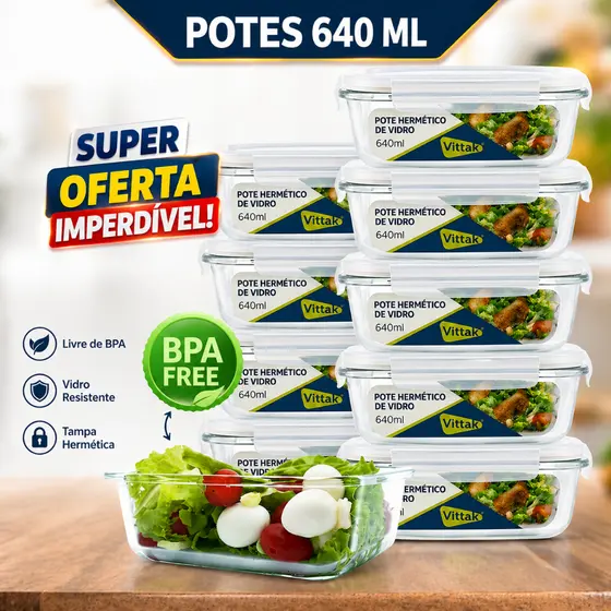 Vittak Kit Potes De Vidro 640ml Hermético Retangular Marmita Fit Com Tampa 4 Travas - 2, 3, 4, 5 e 10 Unidades