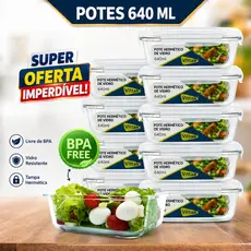 Vittak Kit Potes De Vidro 640ml Hermético Retangular Marmita Fit Com Tampa 4 Travas - 2, 3, 4, 5 e 10 Unidades