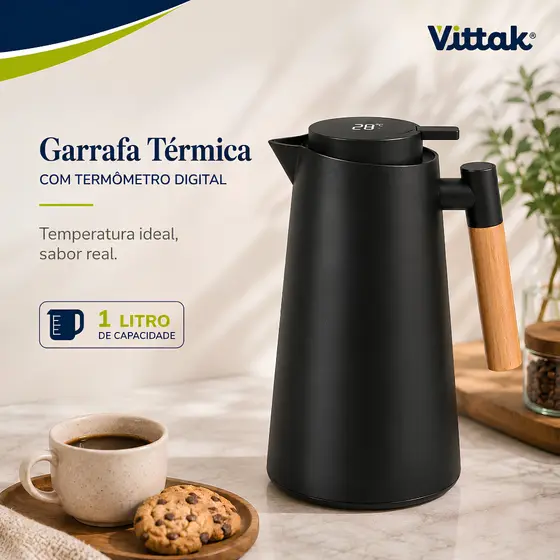 Vittak Garrafa Térmica Café 1L Visor Digital LED Sistema Click Isolamento a Vácuo Preta