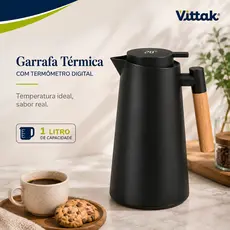 Vittak Garrafa Térmica Café 1L Visor Digital LED Sistema Click Isolamento a Vácuo Preta