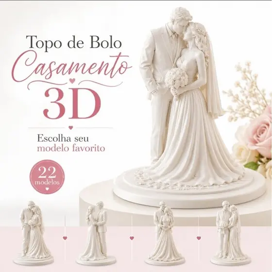 Topo de Bolo Casamento Noivinhos 3D | Casal de Noivos para Bolo, Noivado e Bodas | Par Romântico