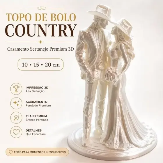 Topo de Bolo Casamento Country Sertanejo | Noivinhos 3D Casal de Noivos | 10 15 20 cm