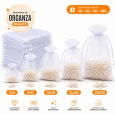 Kit 10/20/50/100 Saco Organza Branco 7x9 9x12 10x15 20x30cm Saquinho Tule Lembrancinha Joia Aniversário Maternidade