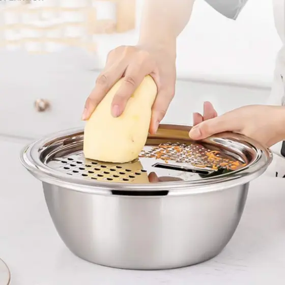 Kit Tigela Bowl Inox com Tampa e Ralador 4 em 1 Legumes Queijo