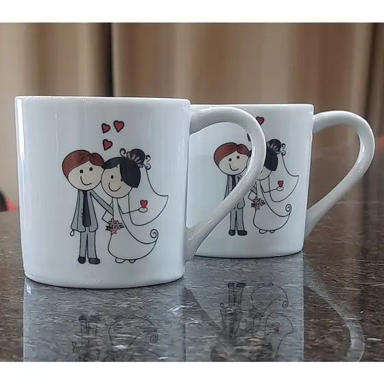Kit 2 Canecas 210ml Noivos / Casal / Casamento - Porcelana Branca