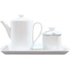 Jogo Café e Chá Mesa Posta, Bandeja + Bule Bico longo 800ml + Açucareiro 250ml - Kit Porcelana Branca