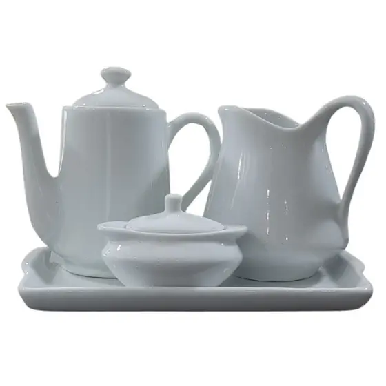 Jogo Café e Chá Mesa Posta, Bandeja + Bule Bico Longo 550ml + Açucareiro100ml + Jarra Leiteira 700ml - Kit Porcelana
