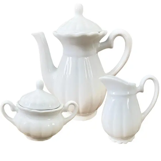 Jogo Café Chá Mesa Posta 3 pçs - Porcelana Branca Canelada