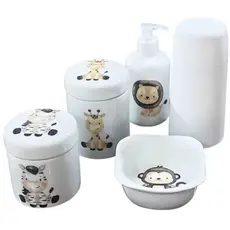 Kit higiene bebê Safari 5 peças - potes, porta álcool, garrafa térmica e molhadeira - Peças Porcelana