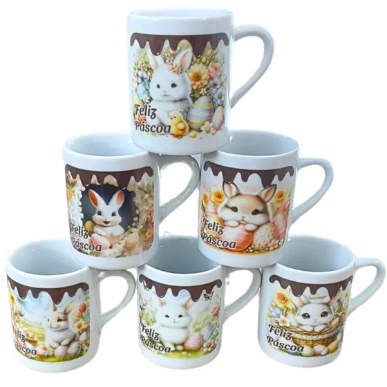 Jogo 6 Canecas Xícaras 120ml - Páscoa - Kit Porcelana