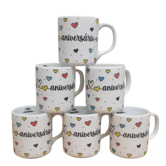 Kit Jogo 6 canecas 300ml Feliz Aniversário - Porcelana