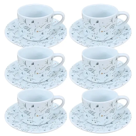 Jogo 6 Xicaras Chá 200ml c/ pires Porcelana Dec. Arabescos