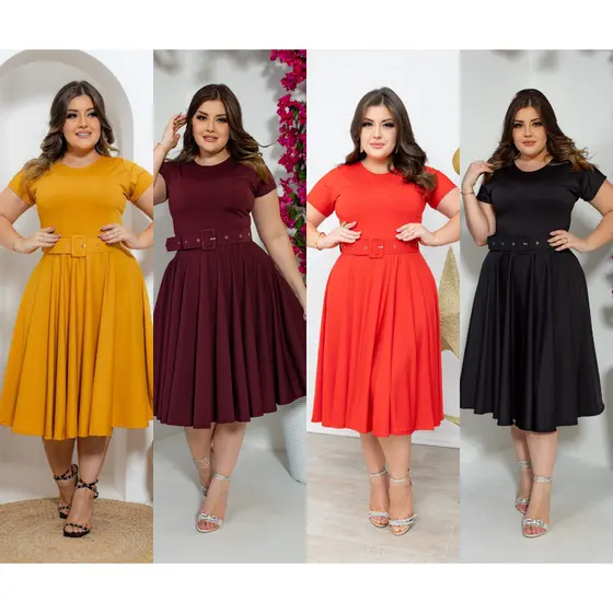 Vestido Midi Godê 360º- Cores Lisas - Acompanha Cinto -Tamanho P ao G3 - Via Brás