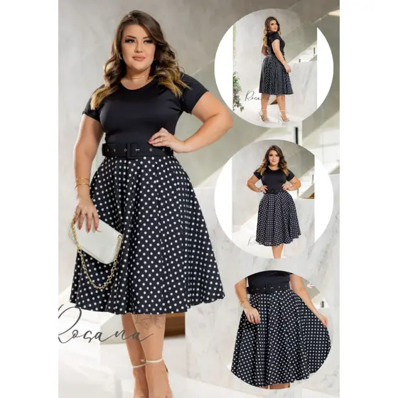 Vestido Godê Preto com Bolinhas Brancas Estampado com Cinto