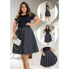 Vestido Godê Preto com Bolinhas Brancas Estampado com Cinto