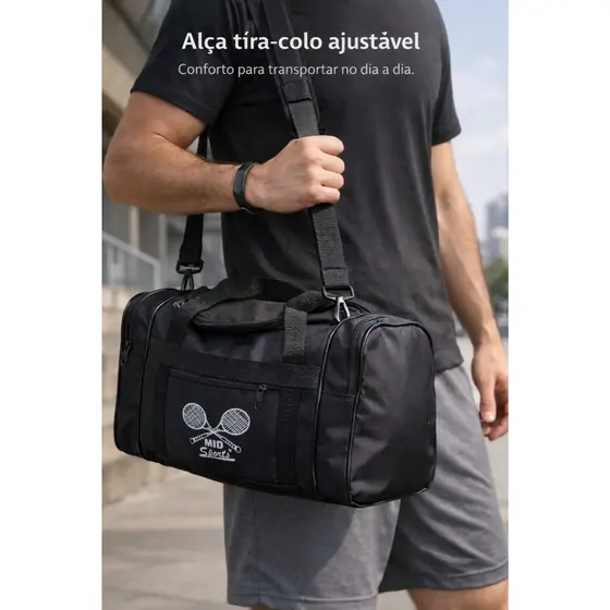 Bolsa Esportiva Compacta Academia Tênis Beach Tennis Viagem Fitness Raquete MID Sports Preta