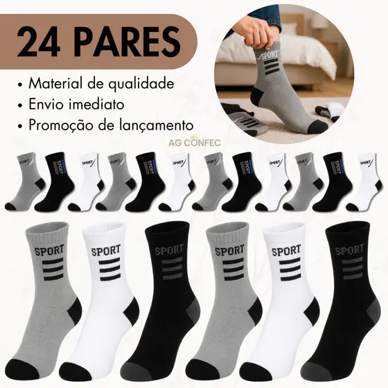 3 / 6 / 12 / 18 / 24 Pares Meia de Cano Alto Longo com Algodão