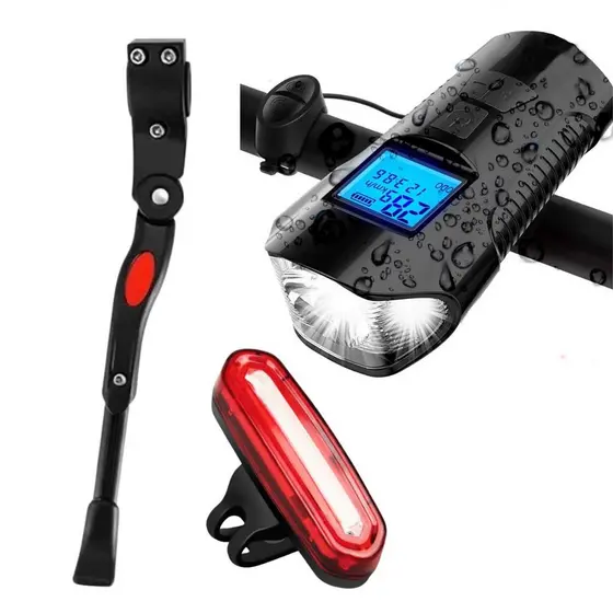Kit bike Velocímetro com lanterna e Buzina + Pezinho descanso Bike + Sinalizador traseiro Bike acessórios de ciclismo