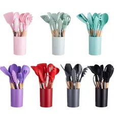 Jogo de Cozinha Kit C/12 Peças Utensílios de Cozinha em Silicone e Cabo de Madeira Antiaderentes