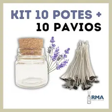 Kit 10 Potes de Vidro c/ Rolha + 10 Pavios Algodão Parafinado 10cm p/ Vela Aromática, Decorativa e Artesanal Lembranças
