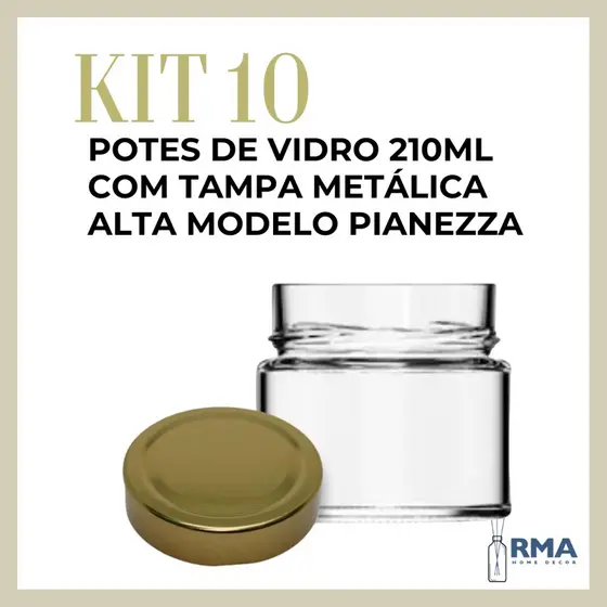 Kit 10 Potes de Vidro Pianezza 210ml para Velas Artesanais Aromaticas Geleias Doces