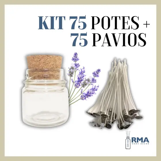 Kit 75 Potes de Vidro c/ Rolha + 75 Pavios Algodão Parafinado 10cm p/ Vela Aromática, Decorativa e Artesanal