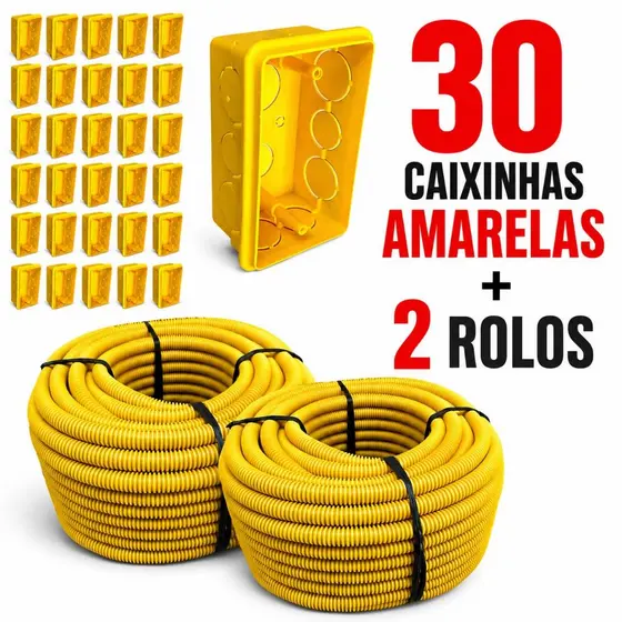 Conduíte Eletroduto Corrugado 3/4 Reforçado Flexível Amarelo Kit 2 Unidades + 30 Caixinhas de Luz Amarela 4x2