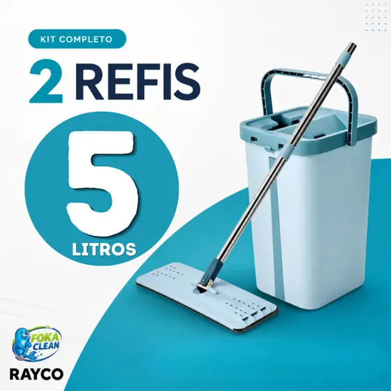 Mop Flat Com 2 Refis Com Cabo Extensivel Inox Com Balde 5 litros