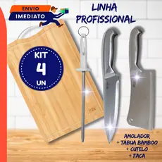 Kit 4 Un Tábua Corte Madeira Bambu com Alça Faca Inox Inteiriça 6" Cutelo Amolador Chaira Legumes Churrasco Corte Carne