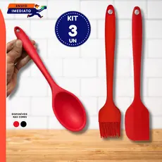 01 Colher ou 3 Utensílios De Silicone Para Cozinha Colher, Espátula Pão Duro e Pincel Culinário Vermelho ou Preto