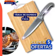 Kit 2 Unid Tábua Corte Madeira Bambu com Alça Faca Inox Inteiriça 6" Cozinha Legumes Churrasco Corte Carne
