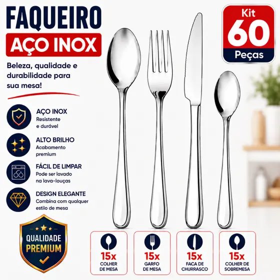 Faqueiro Aço Inox Premium 12 36 60 Peças Jogo De Talheres Completo