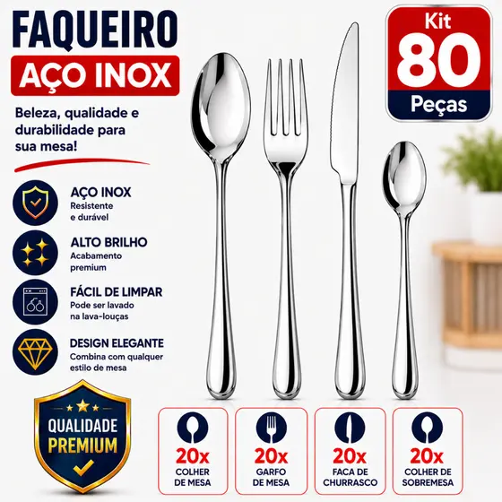 Faqueiro Aço Inox Premium 24 48 80 Peças Jogo De Talheres Completo