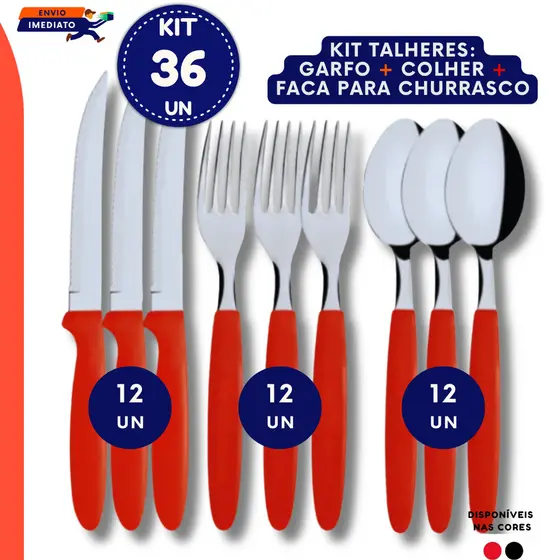 Faqueiro Jogo 12 24 ou 36 Peças Aço Inox Preto Ou Vermelho Garfo Mesa Colher Mesa Faca Churrasco Faqueiro Cabo Plástico