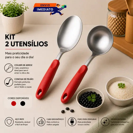 Utensílios Inox Colher Arroz e Concha Feijão Caldo Sopa Cabo Ergonômico