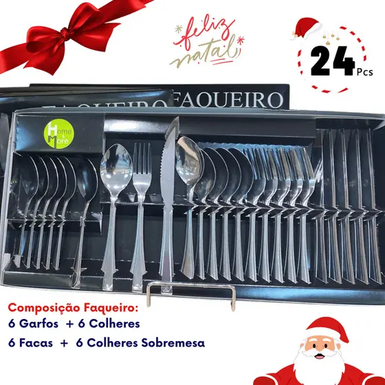 FAQUEIRO 24 PEÇAS DE TALHERES AÇO INOX  GARFO FACA COLHER COLHER SOBREMESA FAQUEIRO INOX PRESENTE NATAL