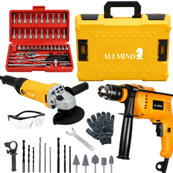 Kit Lixadeira Esmerilhadeira Angular Furadeira de Impacto 10mm e Maleta de Transporte Com Acessórios
