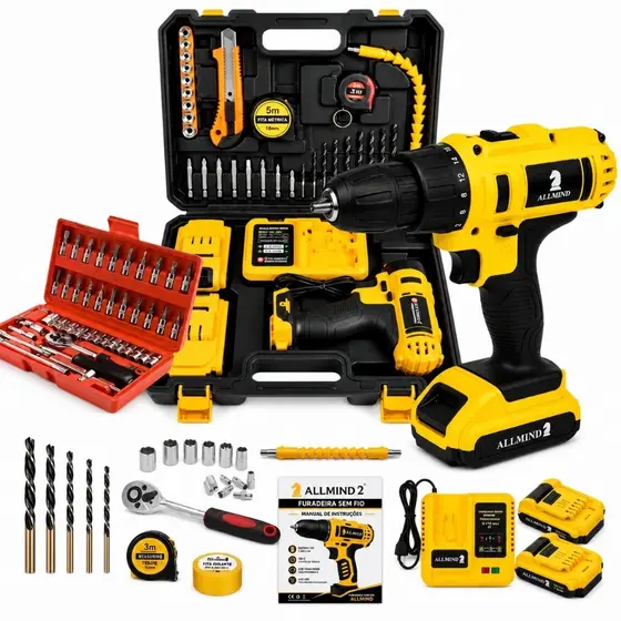 Furadeira De Impacto Parafusadeira 2 Baterias Profissional 25V Brushless Bivolt E Maleta Soquete