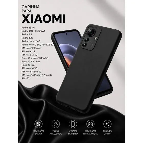 Capa Silicone Preta Aveludada Xiaomi Redmi Poco Note 12 Note 13 Note 14 Poco X3 X5 X6